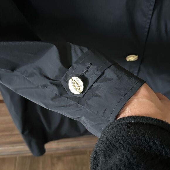 St John SoCa Black Light-Weight Trench Coat Leopard Lined Sz Petite Small - Picture 5 of 7